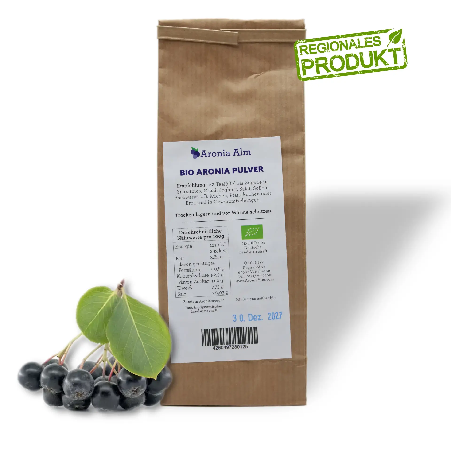 Bio Aronia Pulver von der Aronia Alm Rückseite