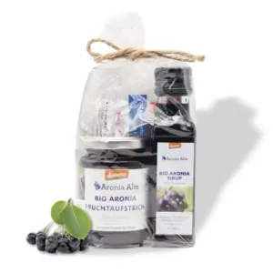 Geschenkset Aroniaaufstrich 200 g und Aroniasirup 100 ml - Vorderseite